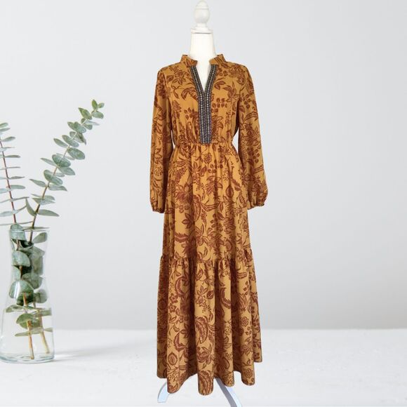 Rusty Dusty Maxi Dress Long Sleeve Ruffle Hem Embroidered V-Neck Size Medium - Picture 1 of 11